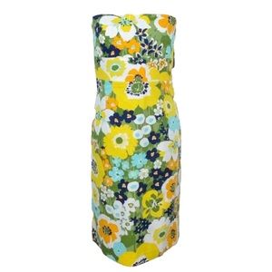 10 M NWT Identity Strapless Garden Party Floral Print Midi Yellow Pencil Dress